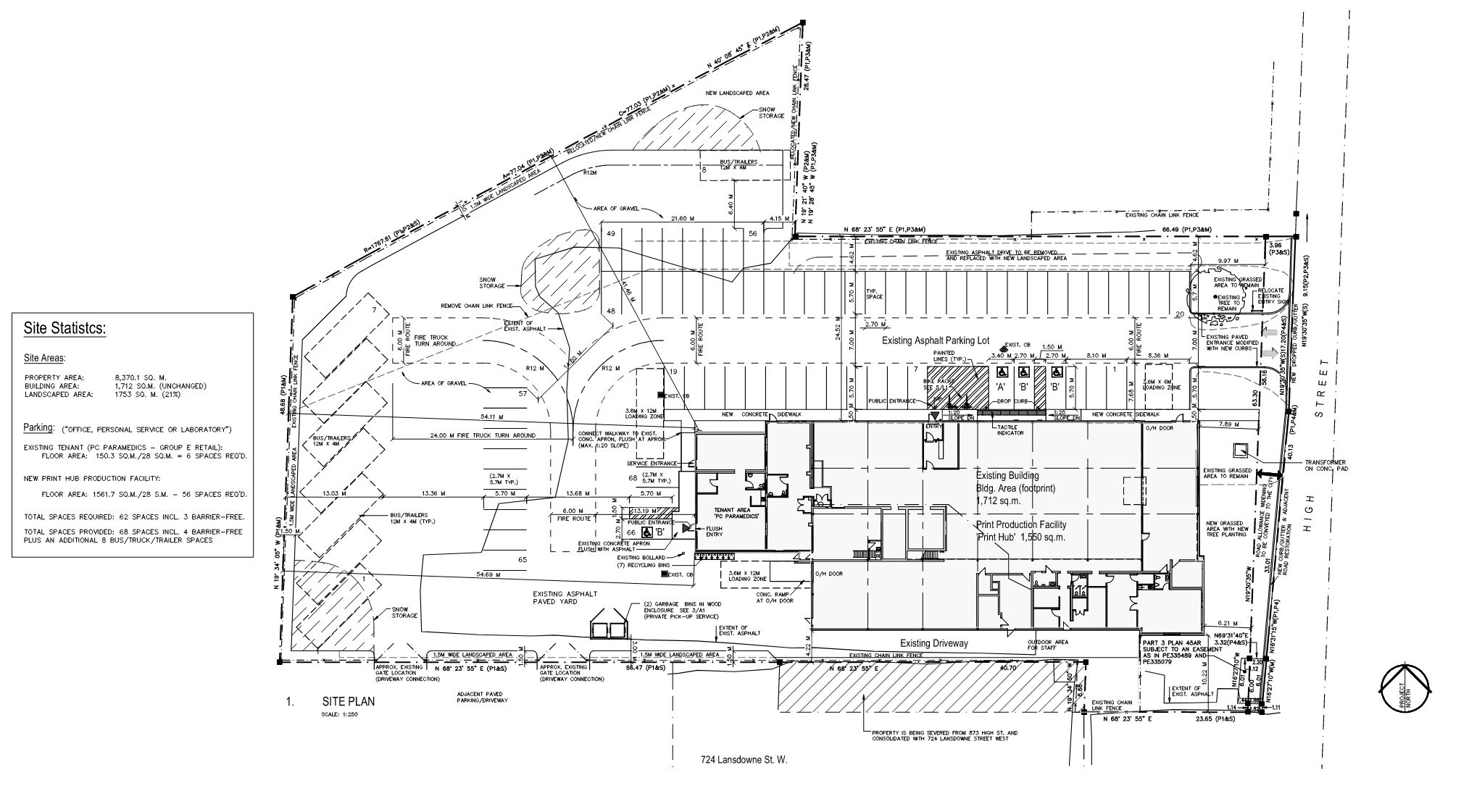 Site Plan drawing that shows parking facilities, walkways, landscaping enhancements to existing development