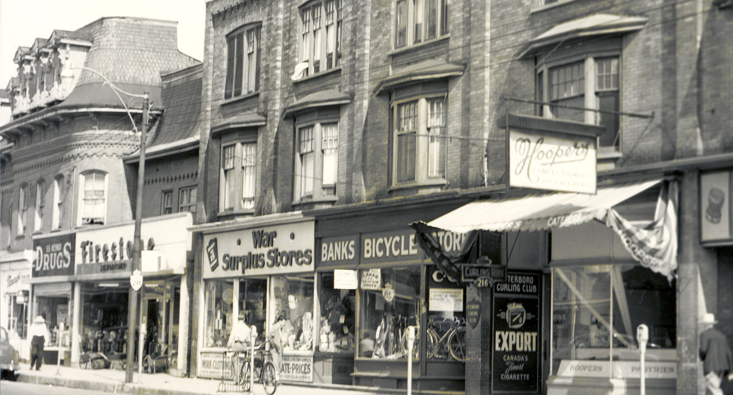 Historic photo, black and white, downtown buildings