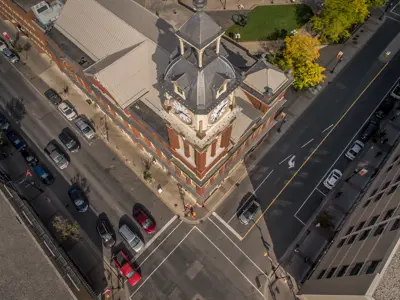 Market Hall in downtown Peterborough seen from above