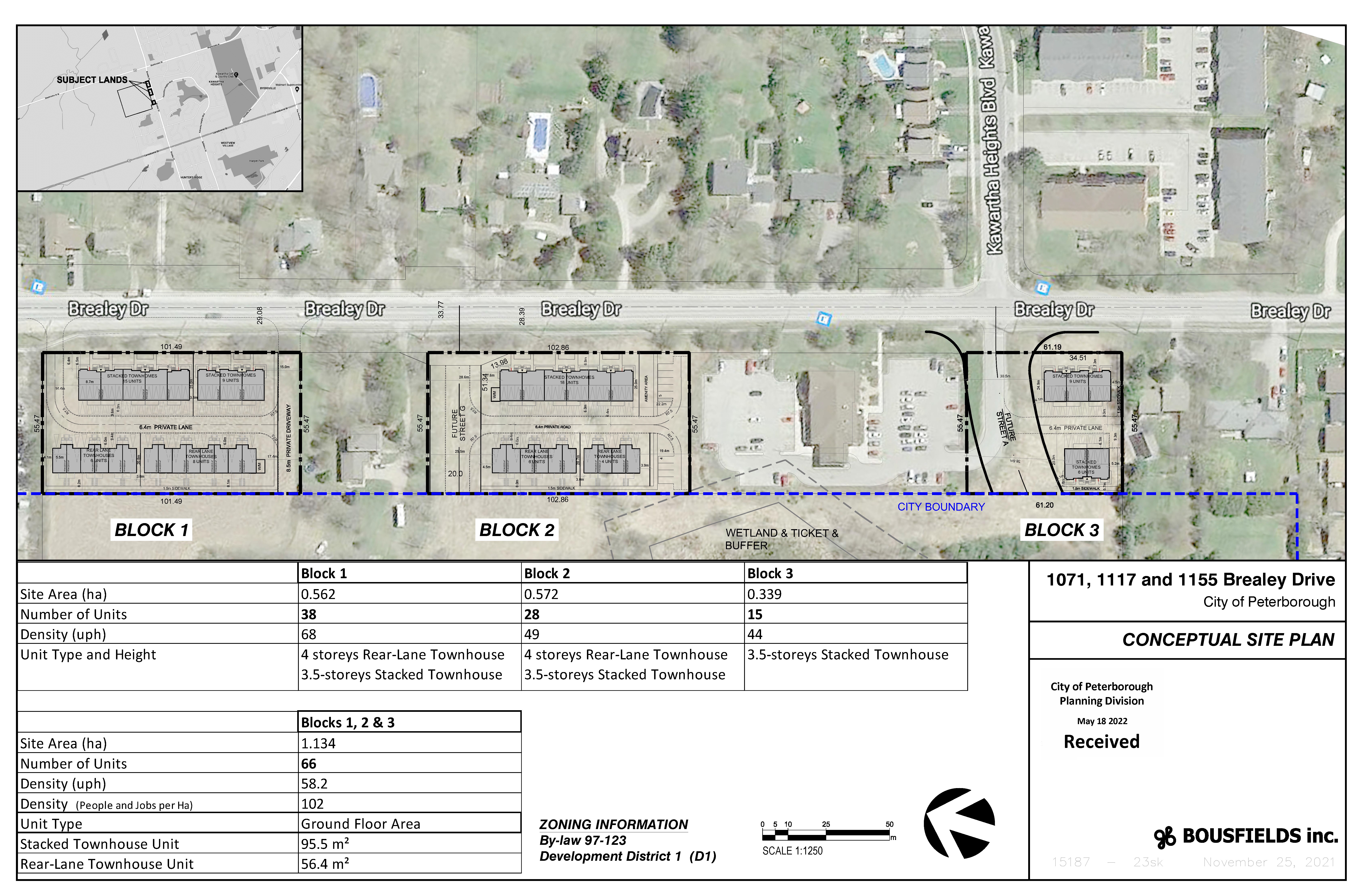 Concept site plan showing three blocks of stacked townhouses off Brealey Drive; roadways and parking access