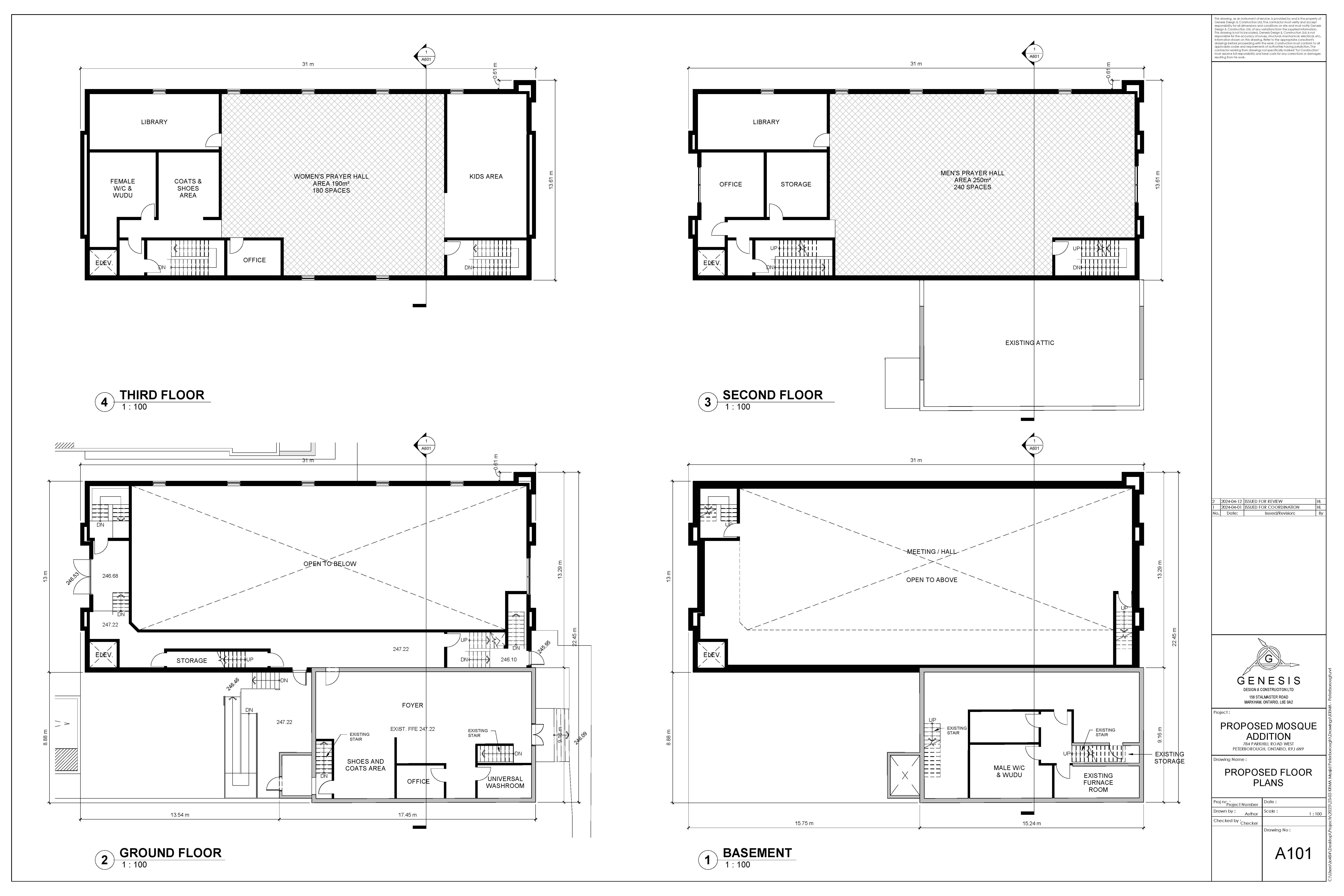 Floor plan drawings of proposed mosque addition including office space, storage, childrens area, elevator, meeting all and prayer halls.