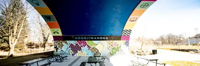 Hunter Street bridge with Nogojiwanong mural