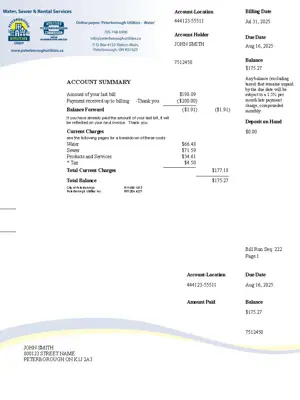 Sample of Utilities Commission bill with PUC logo, breakdown of water use and costs