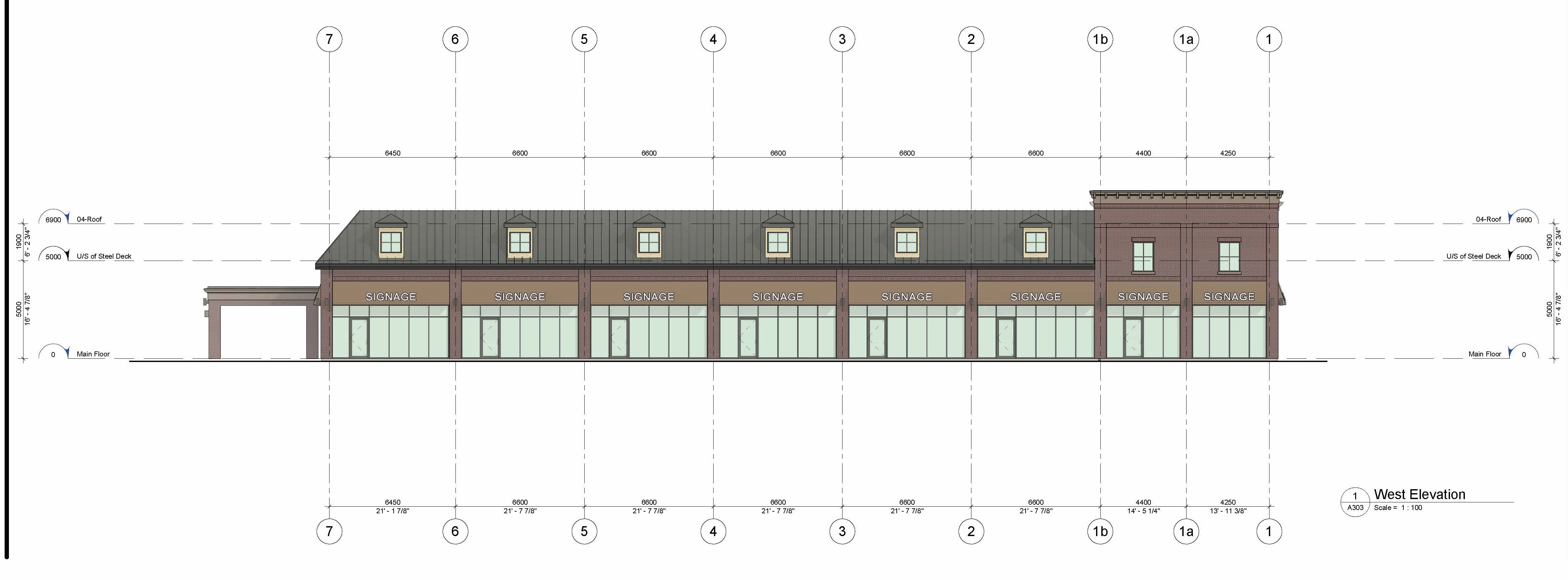 Elevation drawing of two storey commercial building from east and west sides