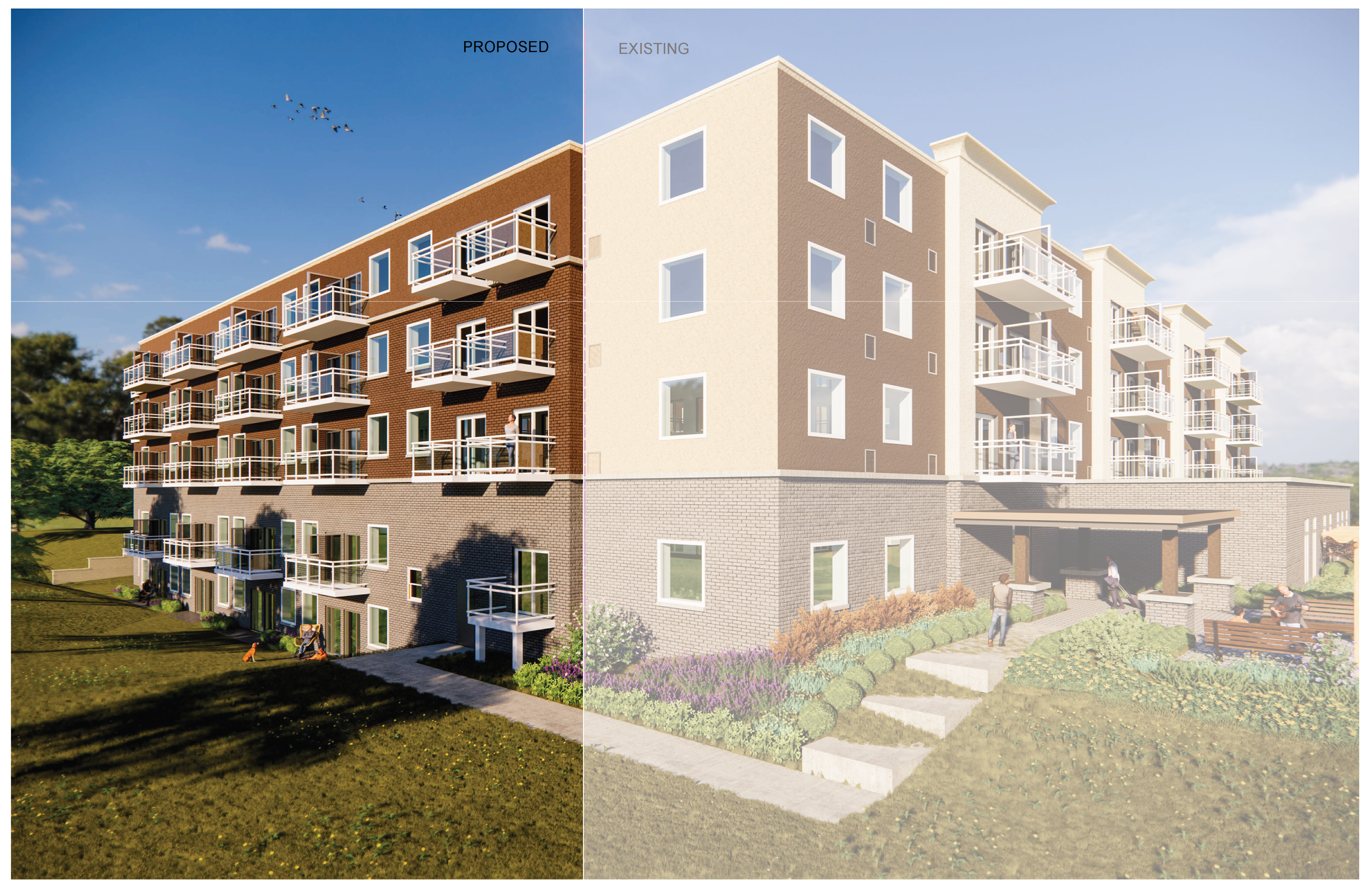 Architectural rendering shows existing building and proposed building that connects to existing, and looks mainly the same, three storeys and balconies