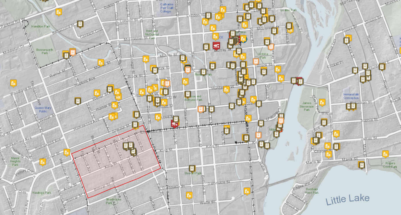 Map with icons representing locations of heritage resources