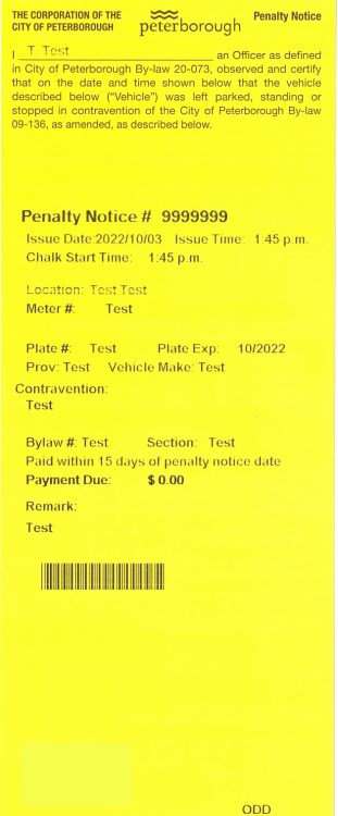 Yellow Parking Penalty Notice includes City logo, name of issuing officer, by-law number, penalty notice number, date and time as well as other relevant details.