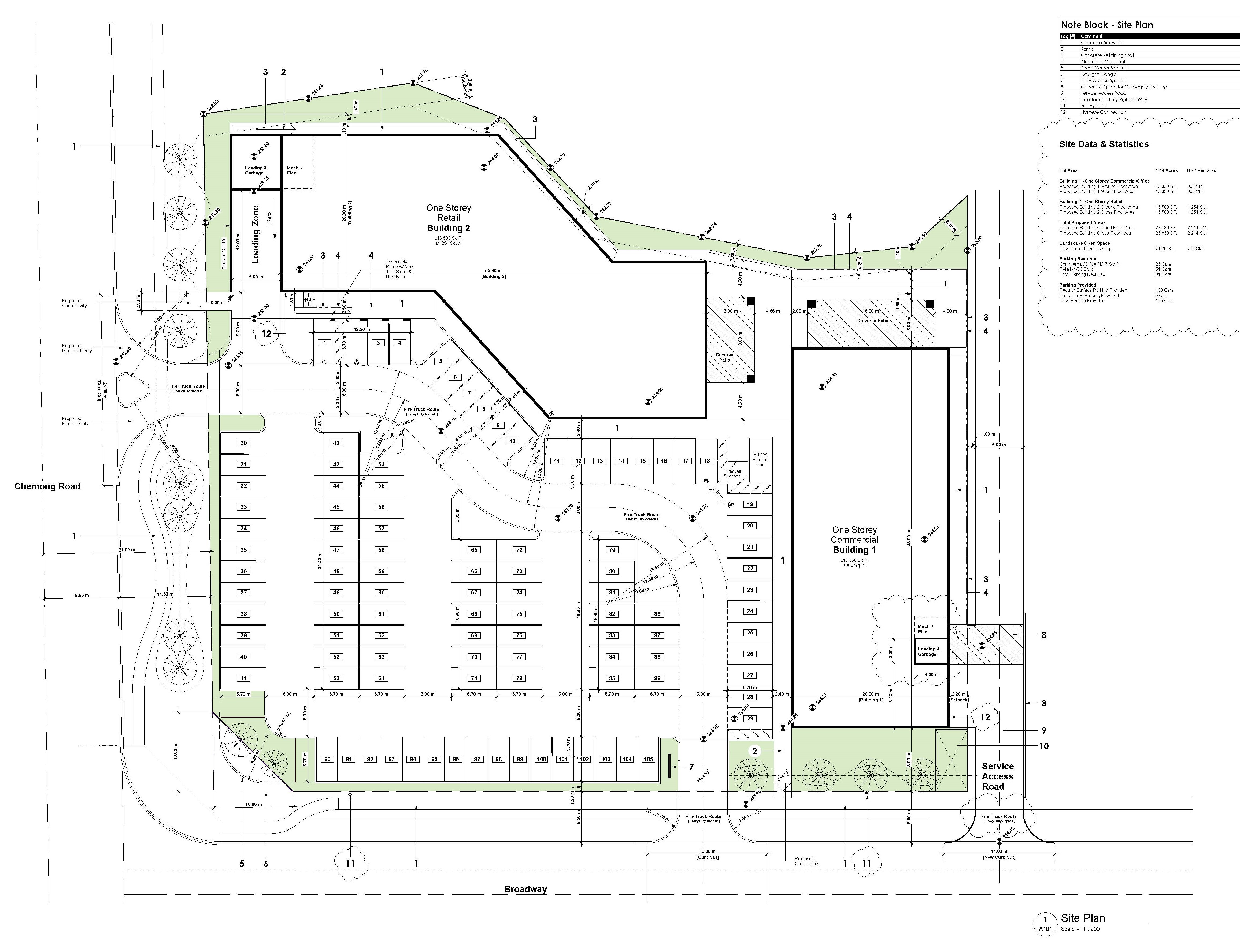 Commercial conceptual site plan including two buildings and parking lot, landscaping features