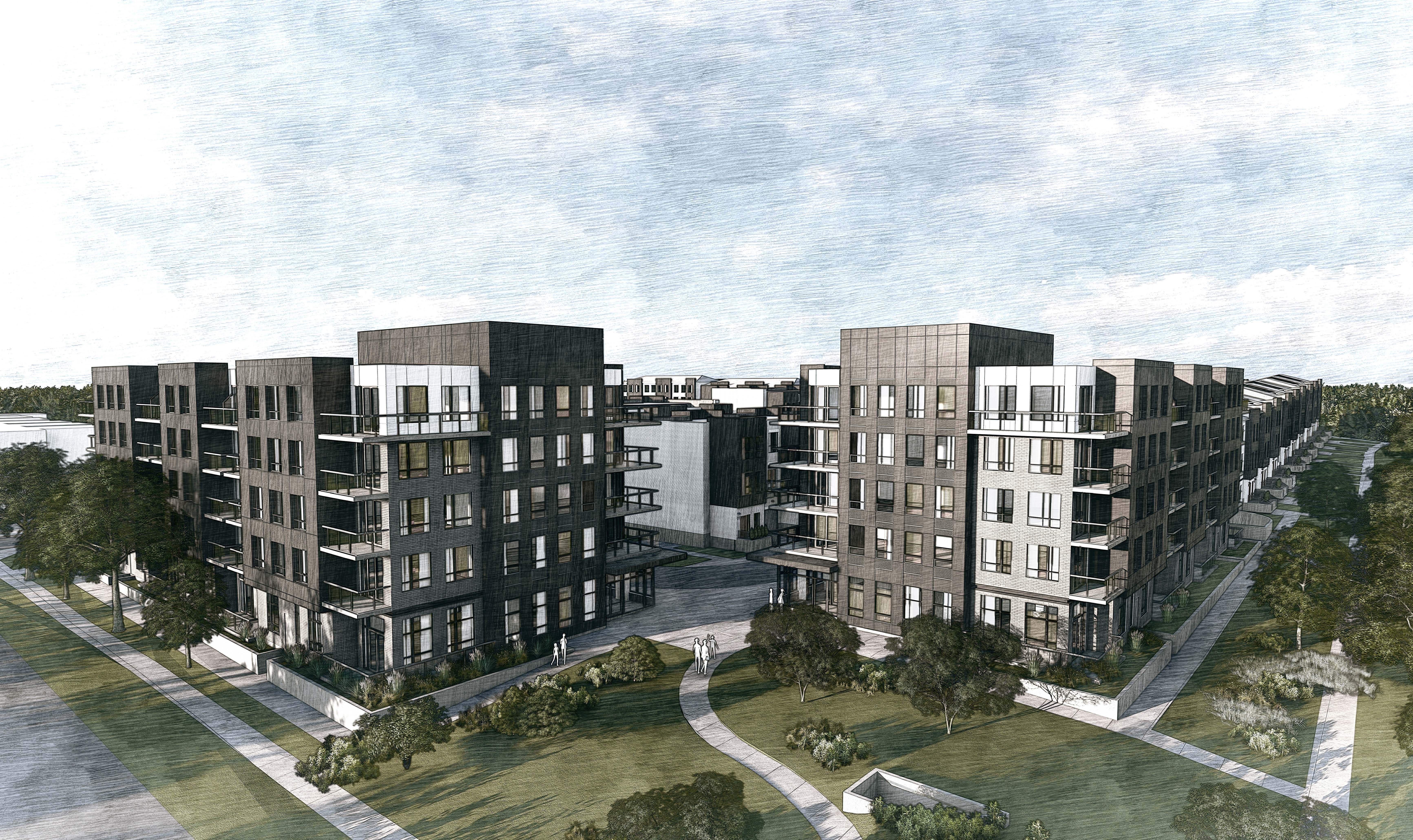 Architectural rendering that shows the proposed multi-storey apartment buildings, pedestrian walkways and greenspace