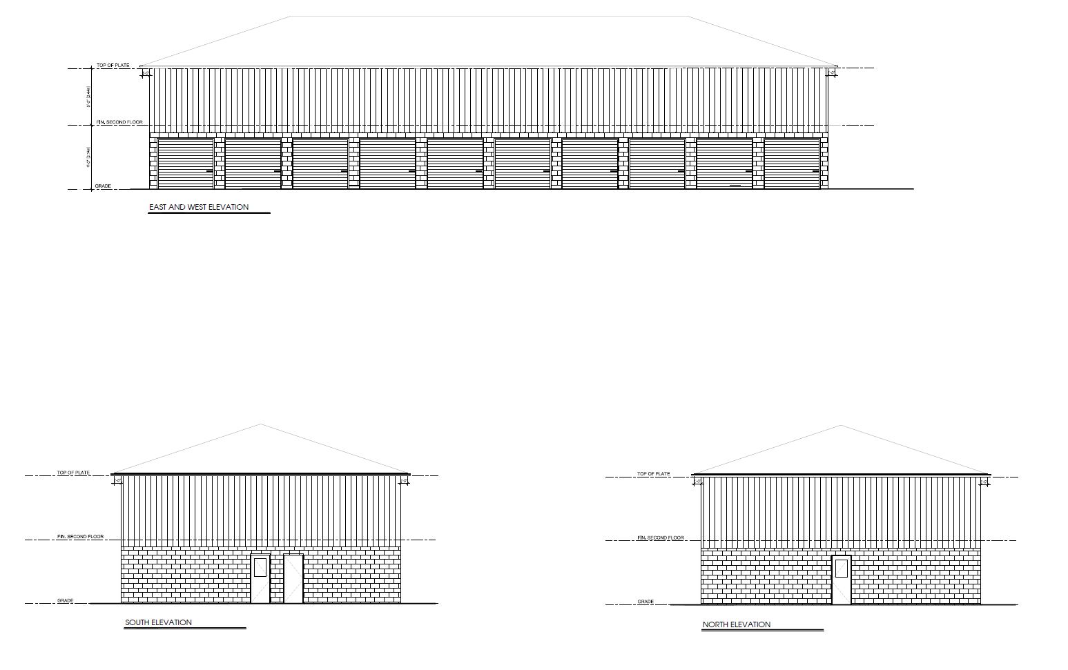 Elevation drawings of proposed storage facility including garage-style doors for each access to each storage unit