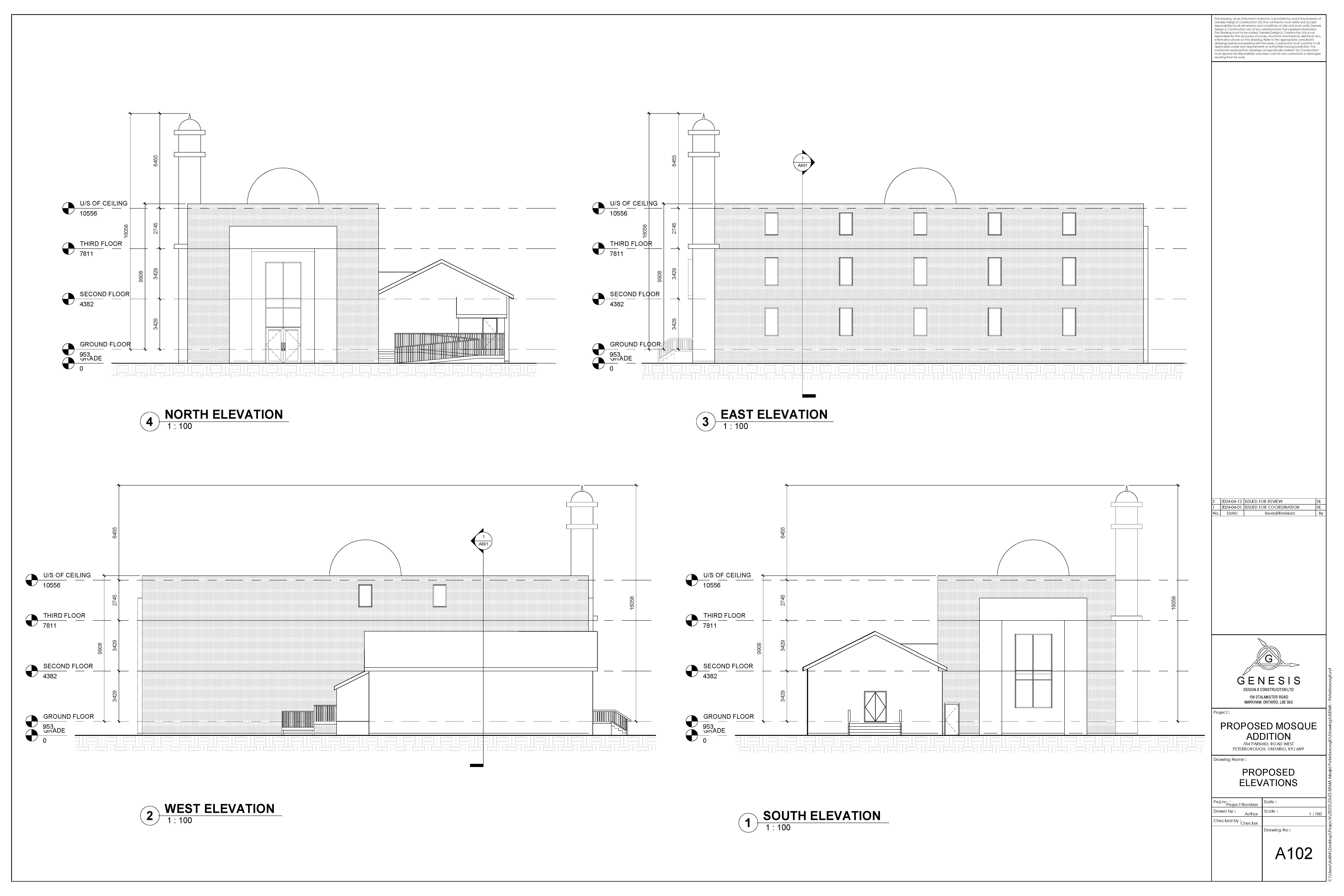 Elevation drawings include proposed three-storey mosque addition from all directions as it relates to the existing building