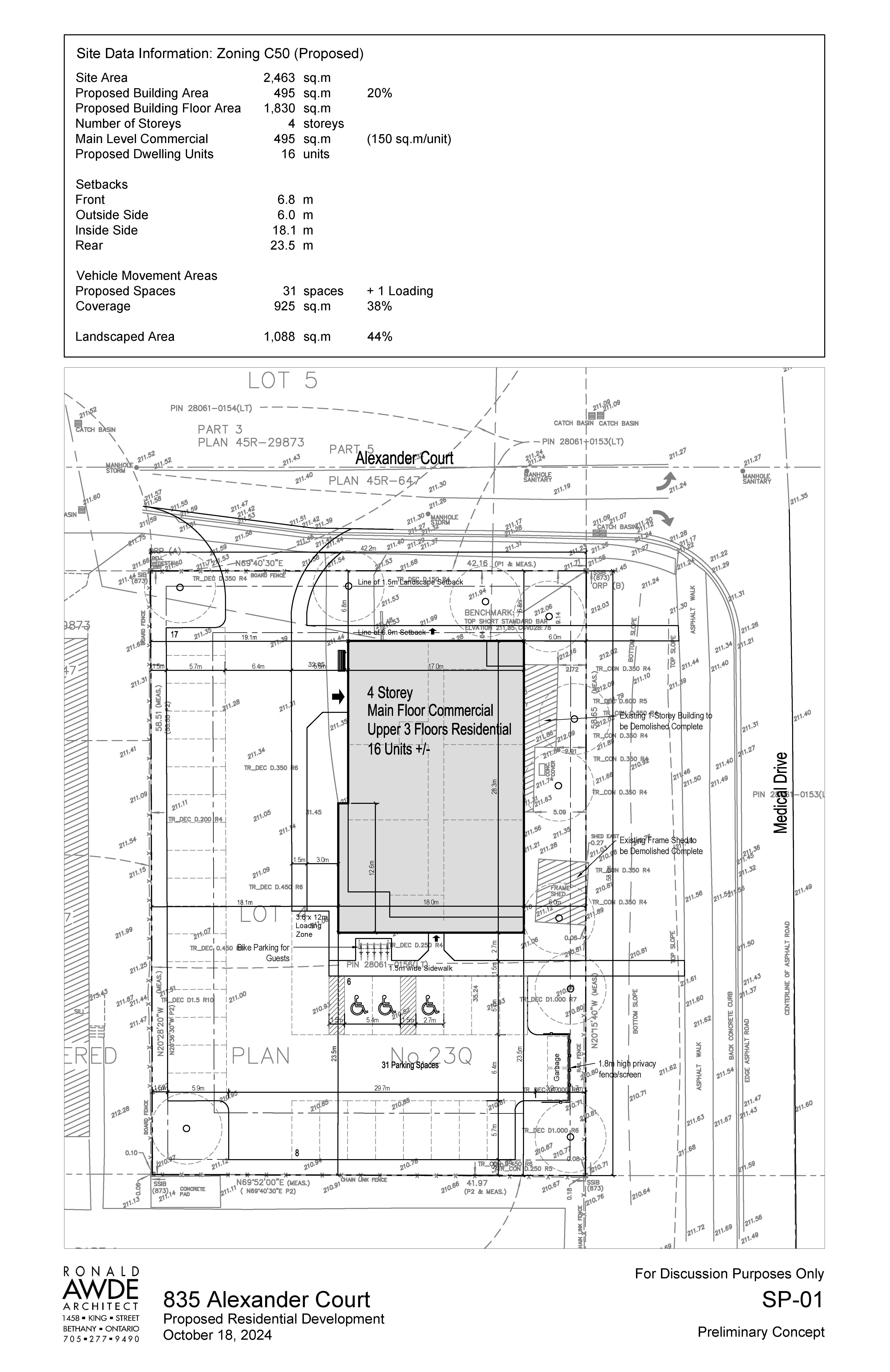 Site plan drawing for proposed four-storey mixed use residential and commercial building including main floor commercial space, entrances, sidewalk and walkway access, parking and landscaping on site