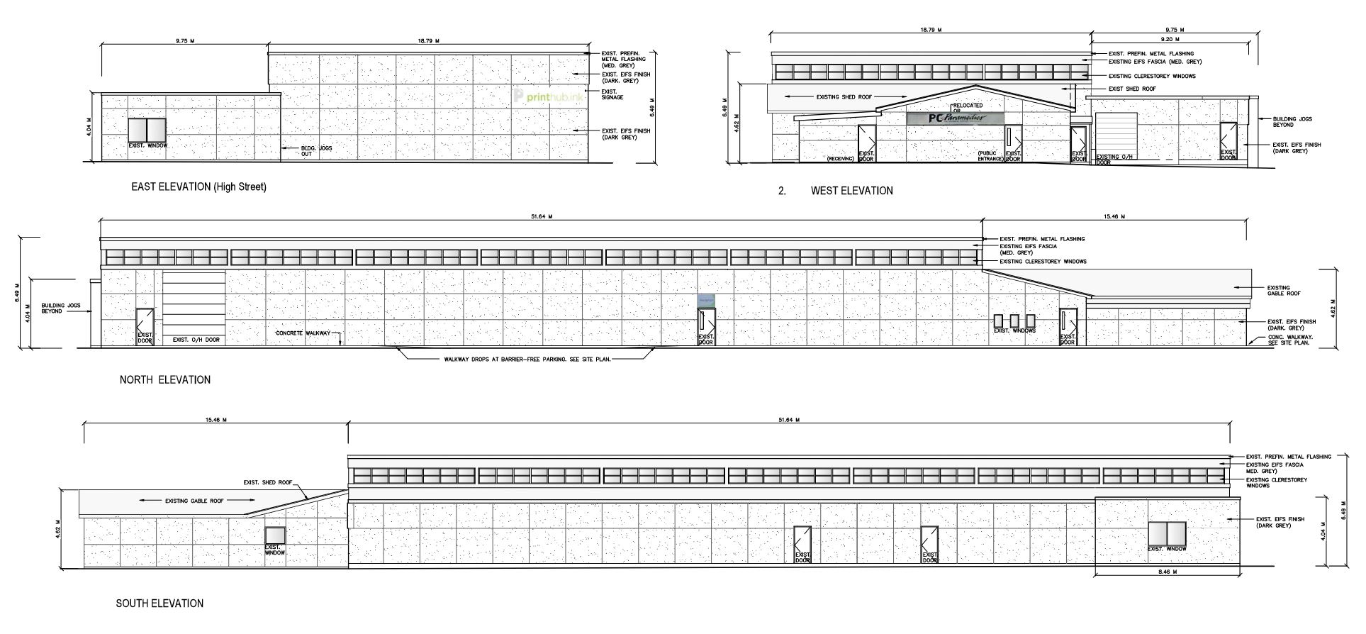 Elevation drawings of existing facility include entrances and elevation views from all directions (north, south, east, west)