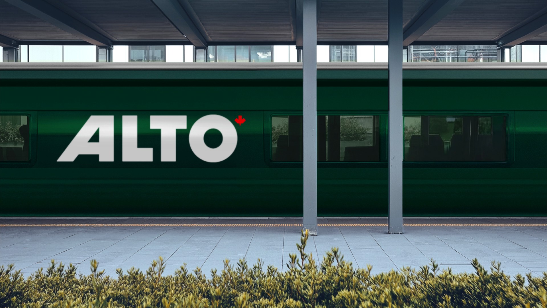 Rendering of a train stop with Alto high speed rail