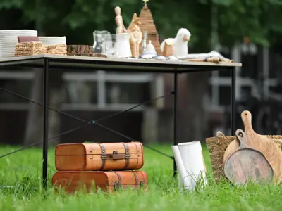 Table with many different items on grass in yard.