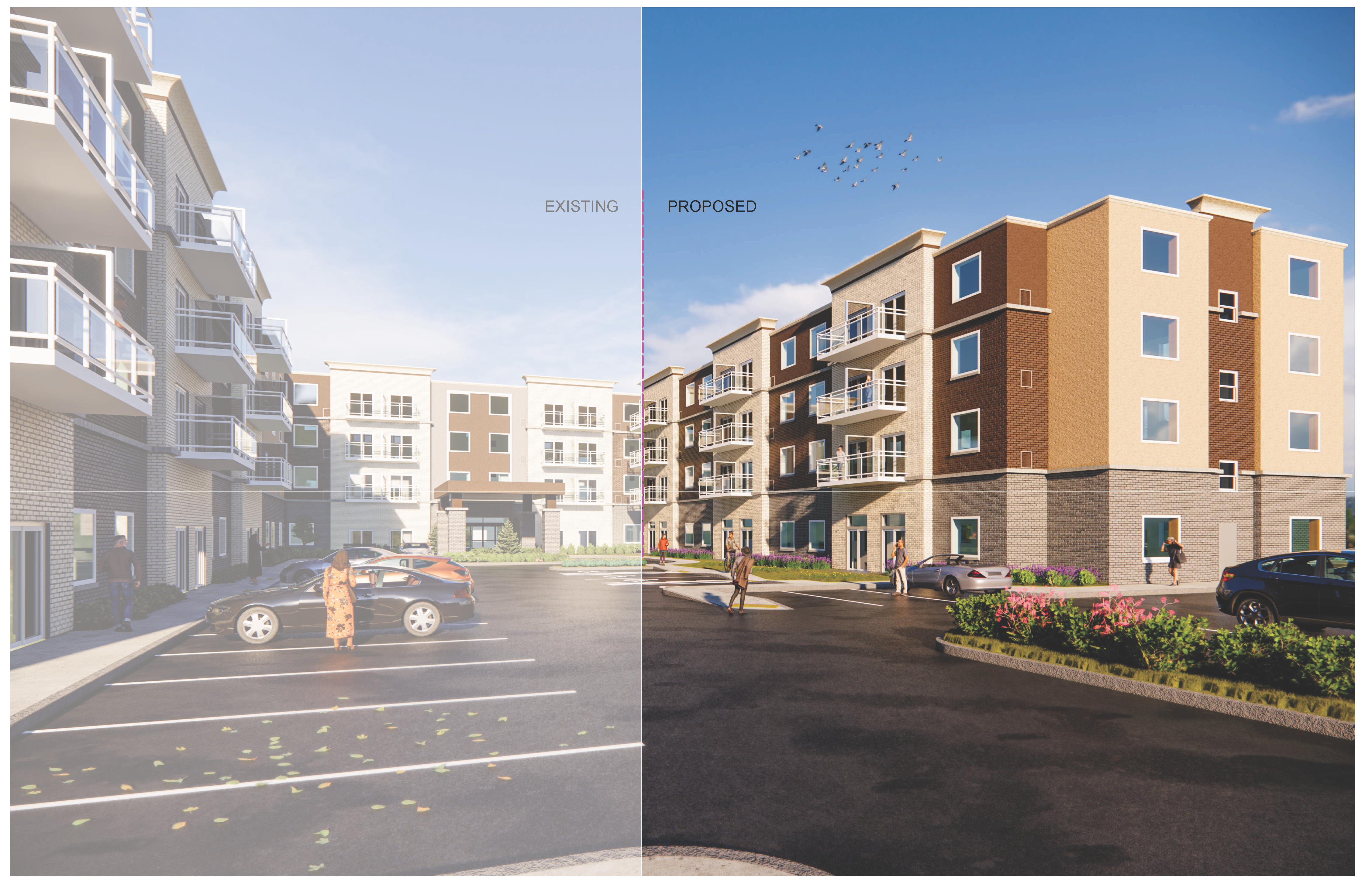 Architectural rendering showing east view, including existing and proposed buildings and parking area